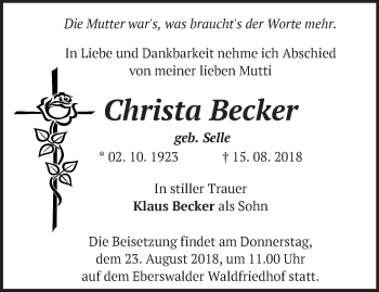 Traueranzeige von Christa Becker von Märkische Oderzeitung