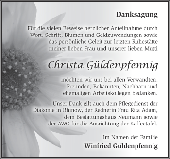 Traueranzeige von Christa Güldenpfennig von Märkische Oderzeitung