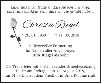 Traueranzeige von Christa Riegel von Märkische Oderzeitung