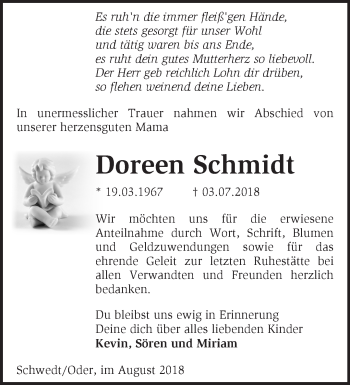 Traueranzeige von Doreen Schmidt von Märkische Oderzeitung