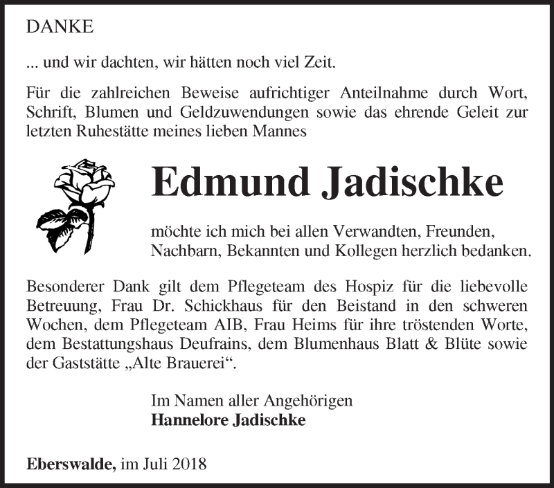  Traueranzeige für Edmund Jadischke vom 05.08.2018 aus Märkische Oderzeitung