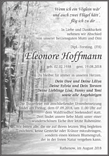 Traueranzeige von Eleonore Hoffmann von Märkische Oderzeitung