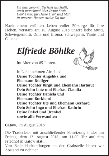 Traueranzeige von Elfriede Böhlke von Märkische Oderzeitung