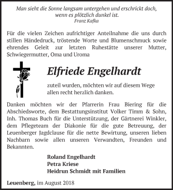 Traueranzeige von Elfriede Engelhardt von Märkische Oderzeitung