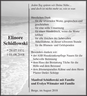 Traueranzeige von Elinore Schidlowski von Märkische Oderzeitung