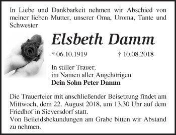 Traueranzeige von Elsbeth Damm von Märkische Oderzeitung