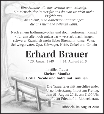 Traueranzeige von Erhard Brauer von Märkische Oderzeitung