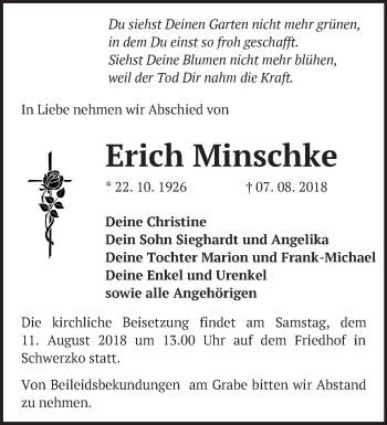 Traueranzeige von Erich Minschke von Märkische Oderzeitung