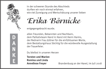 Traueranzeige von Erika Börnicke von Märkische Oderzeitung