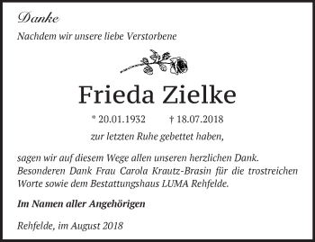 Traueranzeige von Frieda Zielke von Märkische Oderzeitung