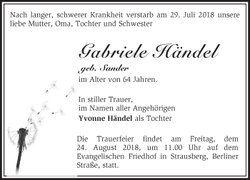 Traueranzeige von Gabriele Händel von Märkische Oderzeitung