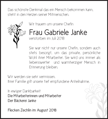 Traueranzeige von Gabriele Janke von Märkische Oderzeitung