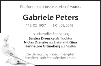 Traueranzeige von Gabriele Peters von Märkische Oderzeitung