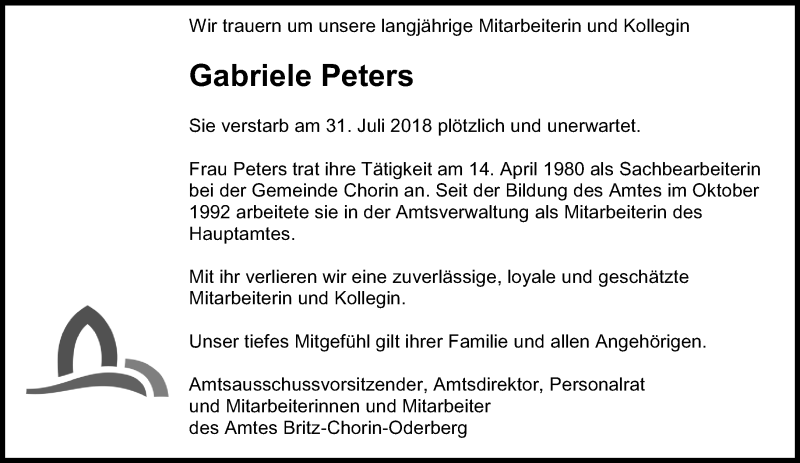  Traueranzeige für Gabriele Peters vom 15.08.2018 aus Märkische Oderzeitung