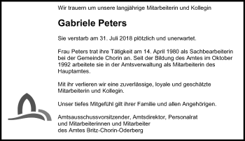 Traueranzeige von Gabriele Peters von Märkische Oderzeitung