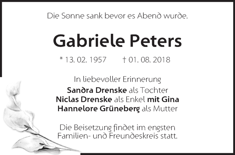  Traueranzeige für Gabriele Peters vom 12.08.2018 aus Märkische Oderzeitung