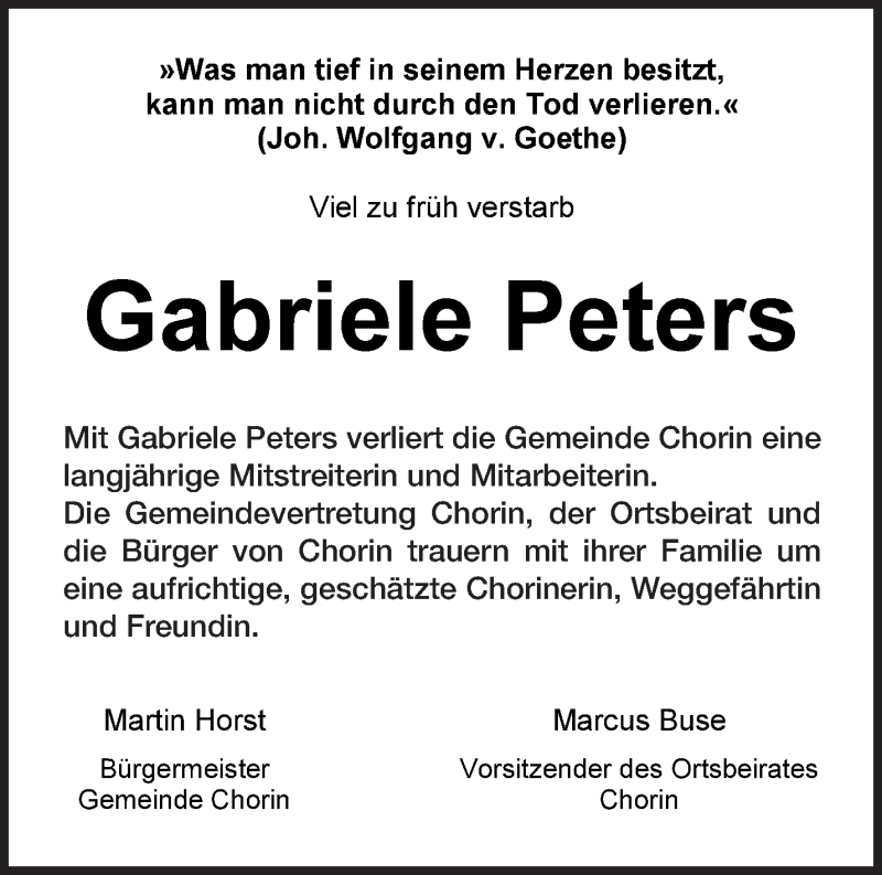  Traueranzeige für Gabriele Peters vom 15.08.2018 aus Märkische Oderzeitung