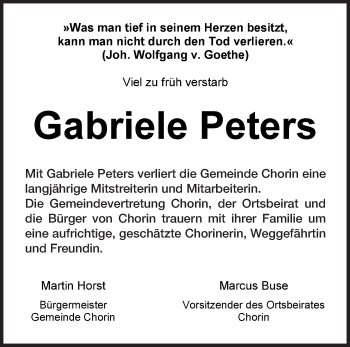 Traueranzeige von Gabriele Peters von Märkische Oderzeitung