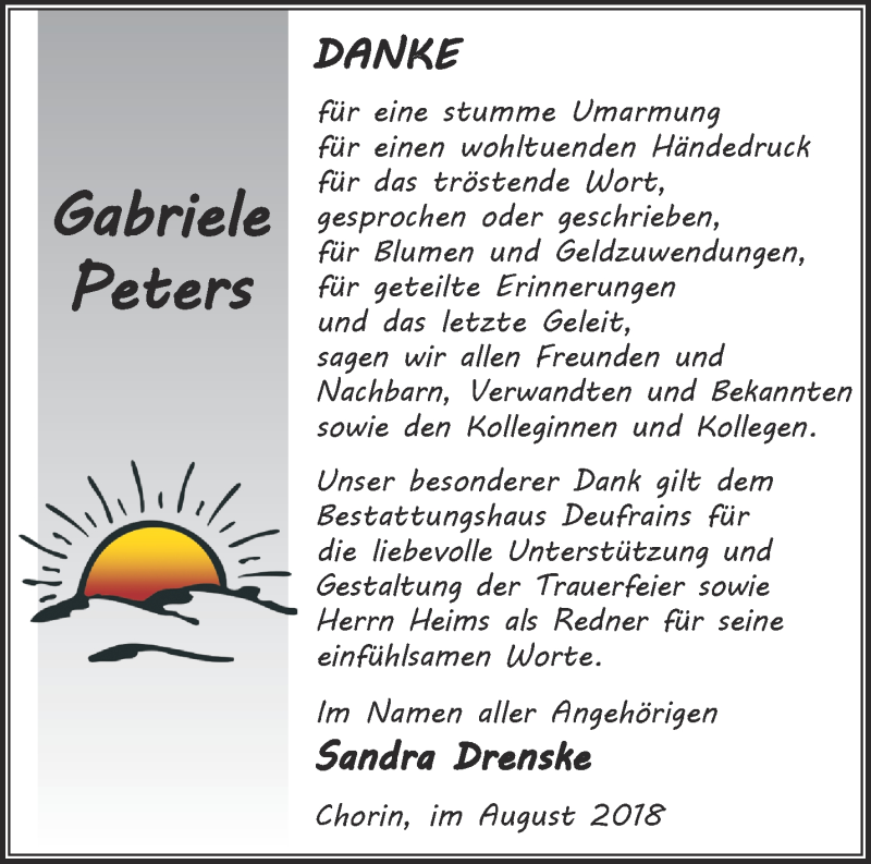  Traueranzeige für Gabriele Peters vom 26.08.2018 aus Märkische Oderzeitung