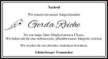 Traueranzeige von Gerda Reiche von Märkische Oderzeitung