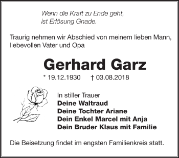 Traueranzeige von Gerhard Garz von Märkische Oderzeitung