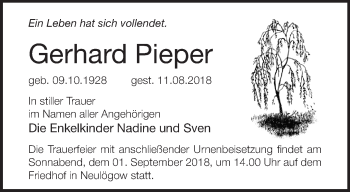 Traueranzeige von Gerhard Pieper von Märkische Oderzeitung