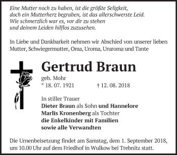 Traueranzeige von Gertrud Braun von Märkische Oderzeitung