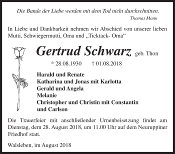 Traueranzeige von Gertrud Schwarz von Märkische Oderzeitung