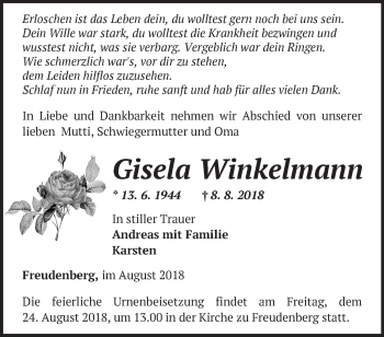 Traueranzeige von Gisela Winkelmann von Märkische Oderzeitung