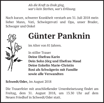 Traueranzeige von Günter Panknin von Märkische Oderzeitung