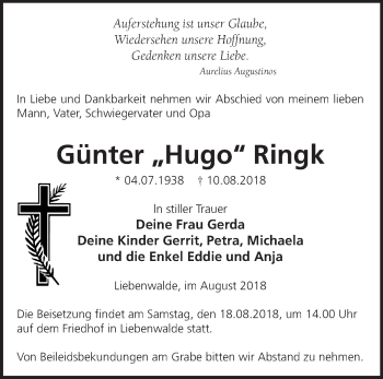 Traueranzeige von Günter Hugo Ringk von Märkische Oderzeitung