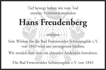 Traueranzeige von Hans Freudenberg von Märkische Oderzeitung