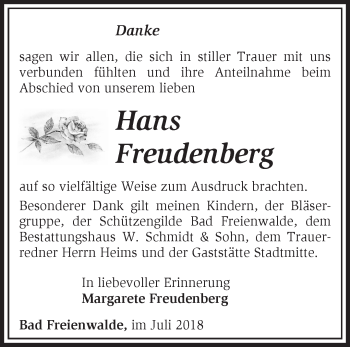 Traueranzeige von Hans Freudenberg von Märkische Oderzeitung