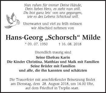 Traueranzeige von Hans-Georg Milde von Märkische Oderzeitung