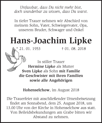 Traueranzeige von Hans-Joachim Lipke von Märkische Oderzeitung