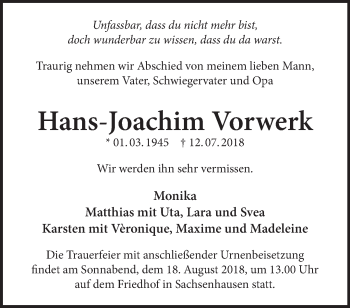 Traueranzeige von Hans-Joachim Vorwerk von Märkische Oderzeitung