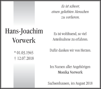 Traueranzeige von Hans-Joachim Vorwerk von Märkische Oderzeitung