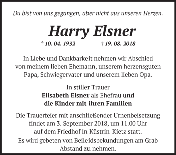 Traueranzeige von Harry Elsner von Märkische Oderzeitung