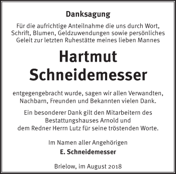 Traueranzeige von Hartmut Schneidemesser von Märkische Oderzeitung