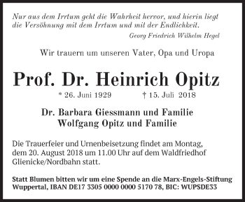 Traueranzeige von Heinrich Opitz von Märkische Oderzeitung