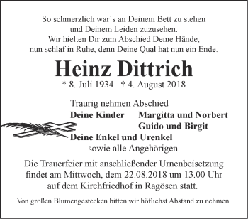 Traueranzeige von Heinz Dittrich von Märkische Oderzeitung