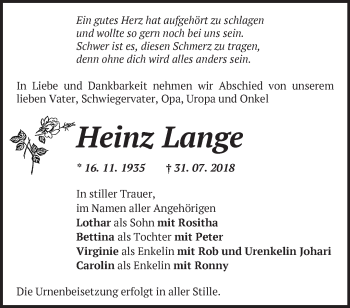 Traueranzeige von Heinz Lange von Märkische Oderzeitung