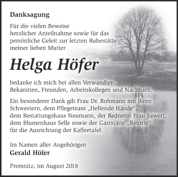 Traueranzeige von Helga Höfer von Märkische Oderzeitung