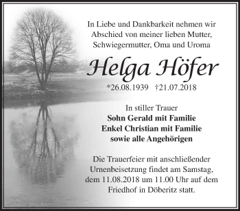 Traueranzeige von Helga Höfer von Märkische Oderzeitung