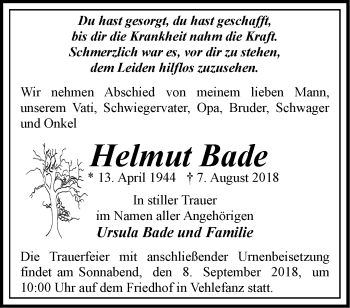 Traueranzeige von Helmut Bade von Märkische Oderzeitung