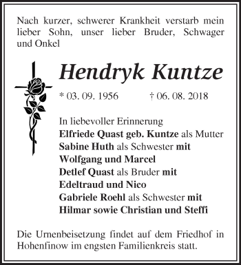 Traueranzeige von Hendryk Kuntze von Märkische Oderzeitung