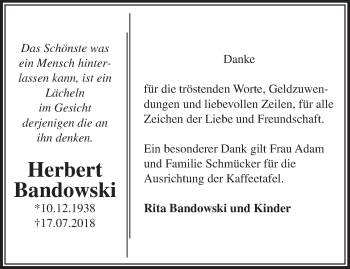 Traueranzeige von Herbert Bandowski von Märkische Oderzeitung