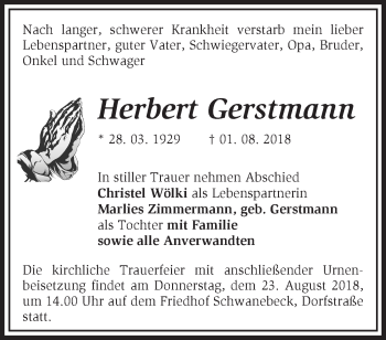 Traueranzeige von Herbert Gerstmann von Märkische Oderzeitung