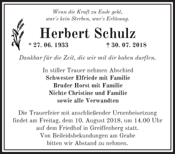 Traueranzeige von Herbert Schulz von Märkische Oderzeitung