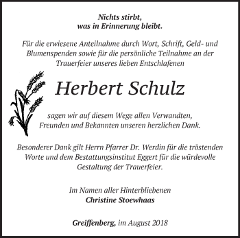 Traueranzeige von Herbert Schulz von Märkische Oderzeitung